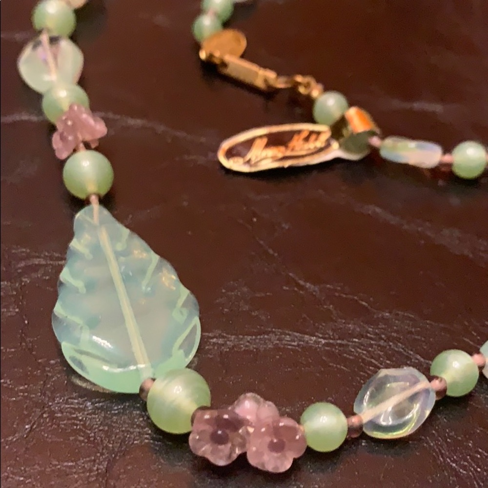 Miriam Haskell Glass Flowers Green Leaf Necklace - Picture 2 of 6